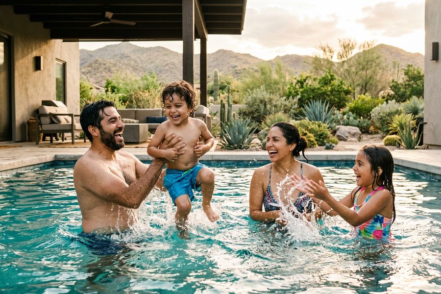 Family laughing and splashing in their backyard pool