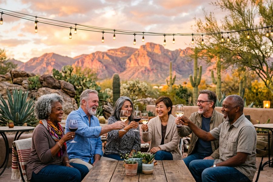 Friends toasting on a desert patio at sunset