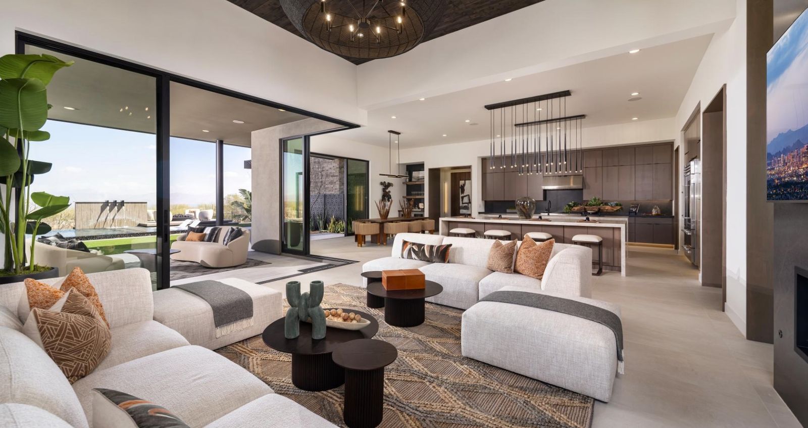 Open-concept Arizona luxury great room with desert views