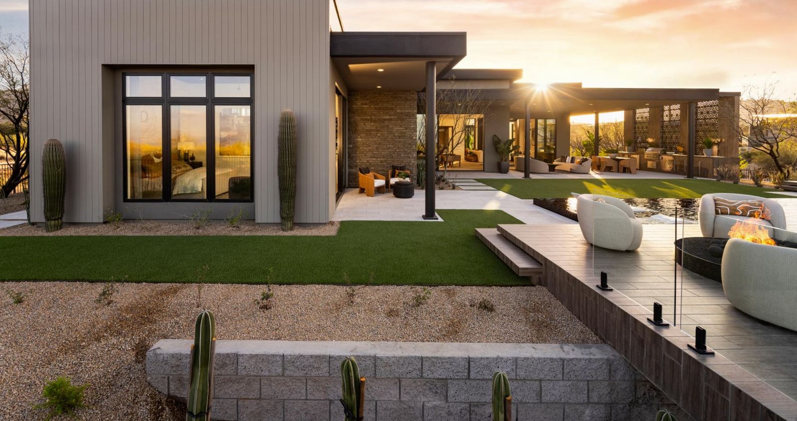 Modern new construction home courtyard at sunset in Arizona