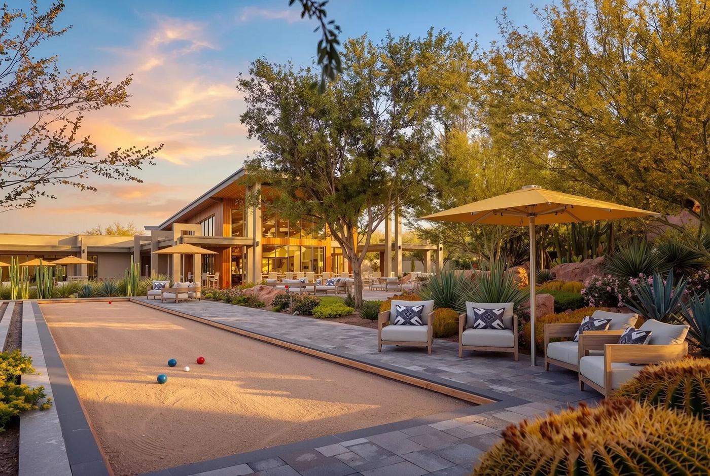 Rendering of Trilogy Ridgecrest bocce courts and patio at sunset