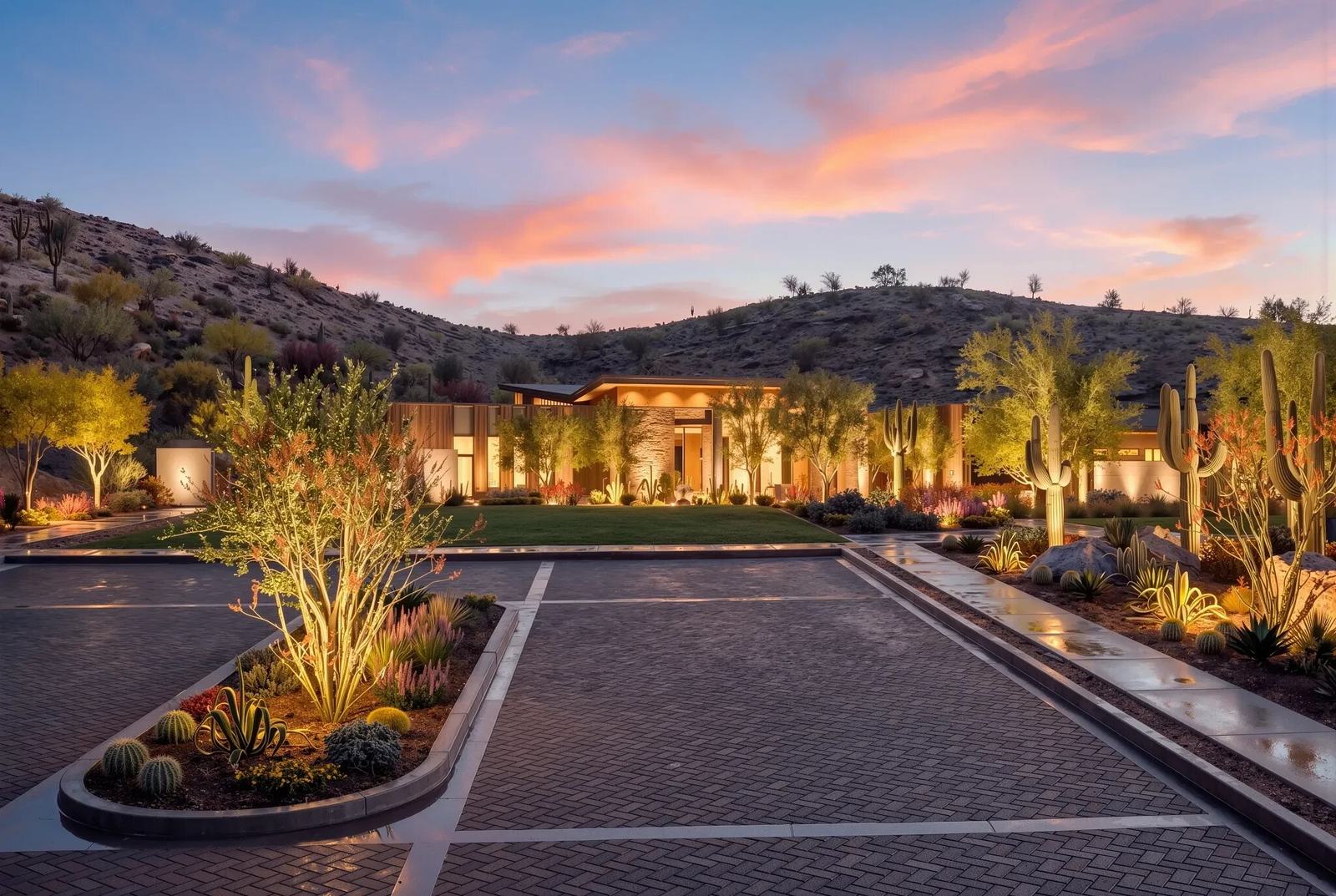 Rendering of the Trilogy Ridgecrest clubhouse entry at dusk in Peoria, Arizona
