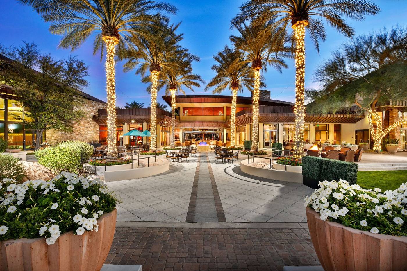 Palm-lined clubhouse courtyard at Trilogy at Vistancia in Peoria, Arizona
