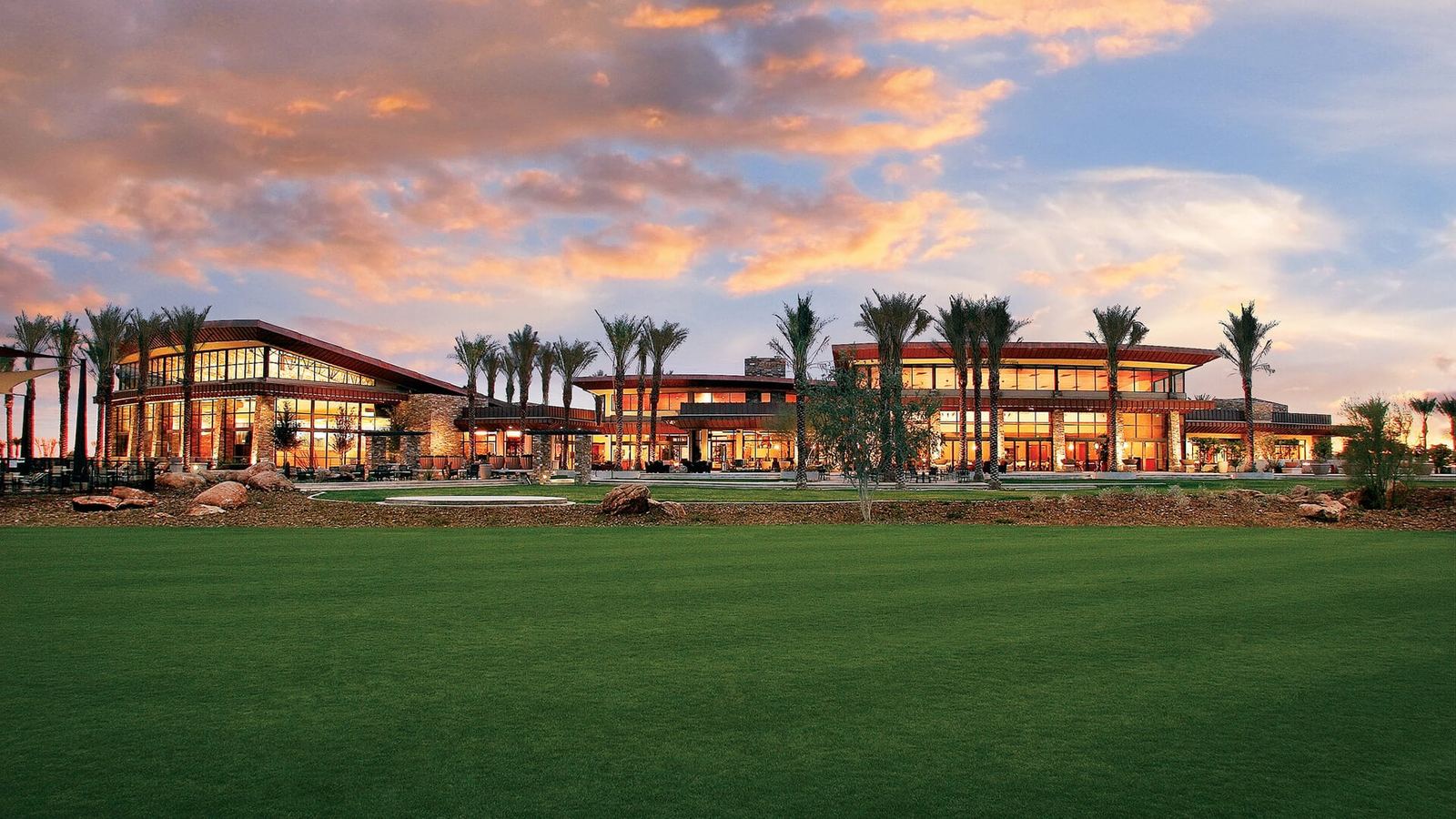 Trilogy at Vistancia clubhouse at sunset in Peoria, Arizona