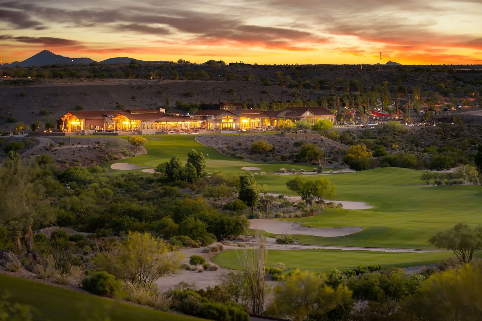 Trilogy at Wickenburg Ranch clubhouse and golf course at sunset
